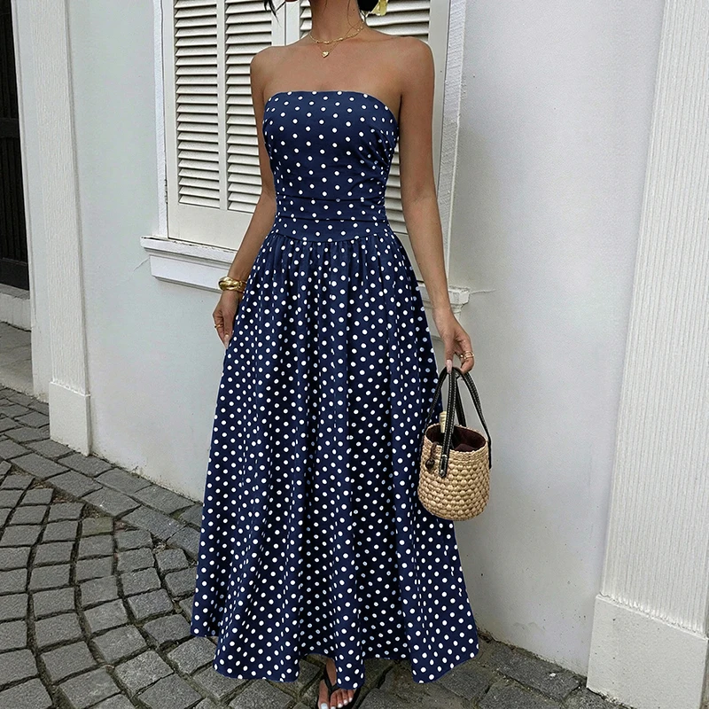 

Women's Light Blue Polka Dot Maxi Dress Strapless Bandeau High Waist A Line Flowy For Summer Beach Vacation Party Casual Wear