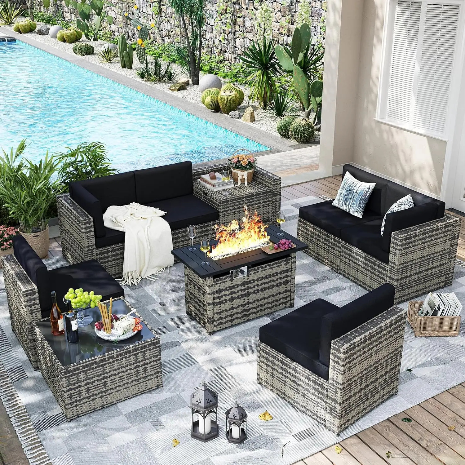 9 Piece Patio Furniture Set with 44” Fire Pit Table, Wicker Outdoor Furniture Set with Storage Box, Patio Sectional, Customized