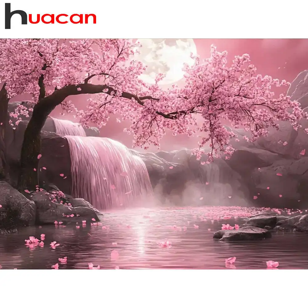 Huacan Cherry Blossom Diamond Painting Waterfall Landscape Diamond Embroidery Tree New 2025 Handmade Gift