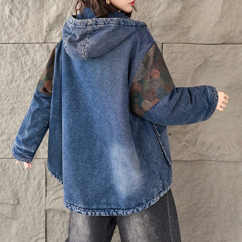 قداس واس الشتاء المطبوعة الدافئة الدنيم مقنعين معاطف المرأة عارضة الأزياء الكلاسيكية مبطن الستر السيدات خمر رشاقته سترات