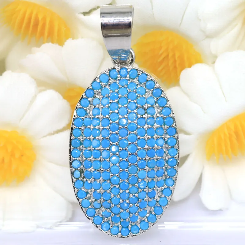 Buy 4 Get 1 Free 33x15mm Romantic Created Blue Turquoise White Sapphire Woman's Silver Plated Pendant