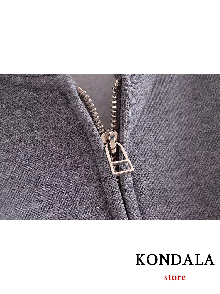 KONDALA Casual Gray Sports Women Suits Long Sleeve Zipper Jackets+Elastic Waist Wide Leg Pants Fashion 2023 Autumn Winter Suits