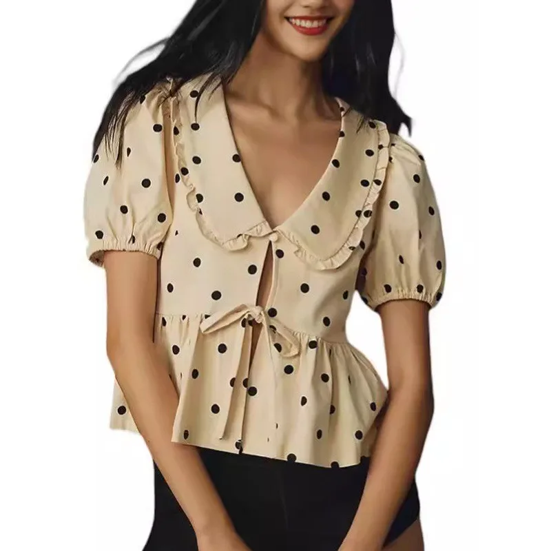 

Women Blouse Off Shoulder Blend Printed Blouses Short Sleeve Crop Length Loose Fit Top Puff Sleeve V Neck Tie Front Shirt