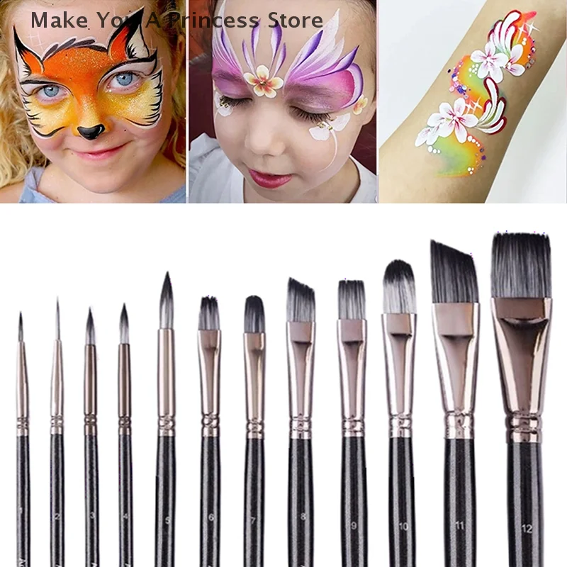 12PCS Children Face Artist Paintbrush Wood Handle Paint Brush Set for Adult Watercolor Gouaches Oil Acrylic Painting Body Art