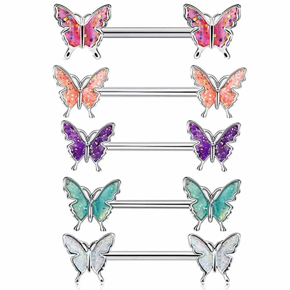 wholesales butterfly nipple rings 5 colors 16mm 14g nipple shield body piercings nipple bar for women