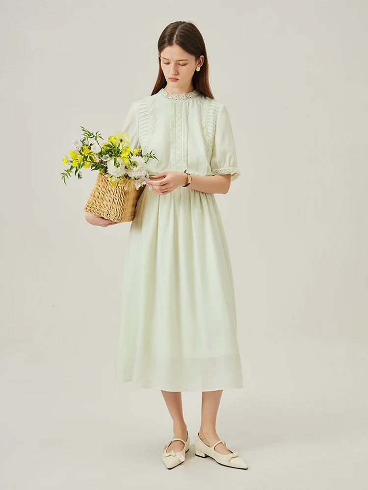 FSLE White Green French Court Style Short Sleeved Dress For Women's New 2024 Summer Dress Casual Loose Women Dress 24FS12456