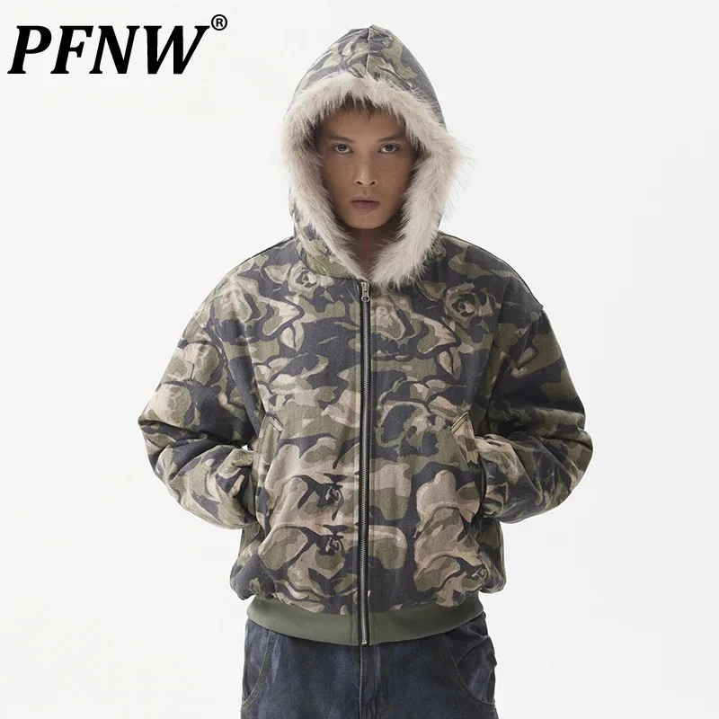 PFNW American Vintage Hooded Camouflage Cotton-padded Coats Men\'s Short Camouflage Winter Outwear Thickened Jacket New 28W5356