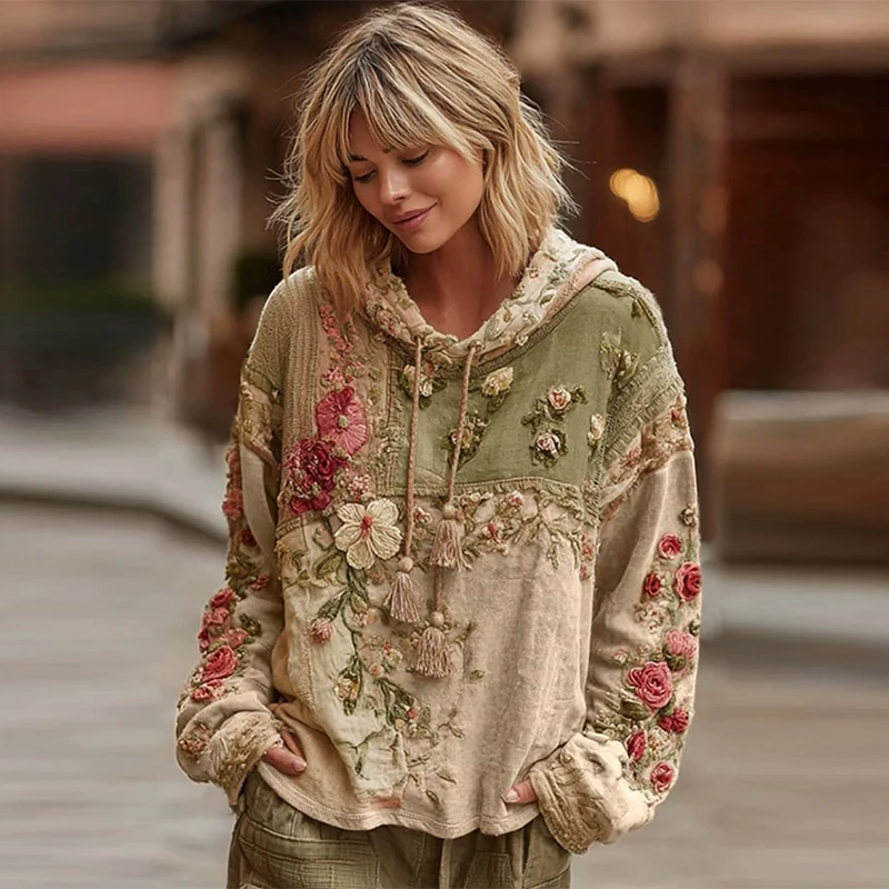 عادية الفرنسية زهرة هوديي المرأة الخريف الربيع Y2K هوديي الأزهار طباعة هوديي فضفاض رقيقة بولو الرقبة معطف المتضخم جديد