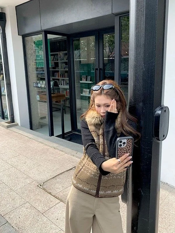 

Женский жилет с воротником из овечьей шерсти, осенне-зимний, свободного кроя, с эффектом похудения, в стиле пэчворк, на молнии, повседневный, модный