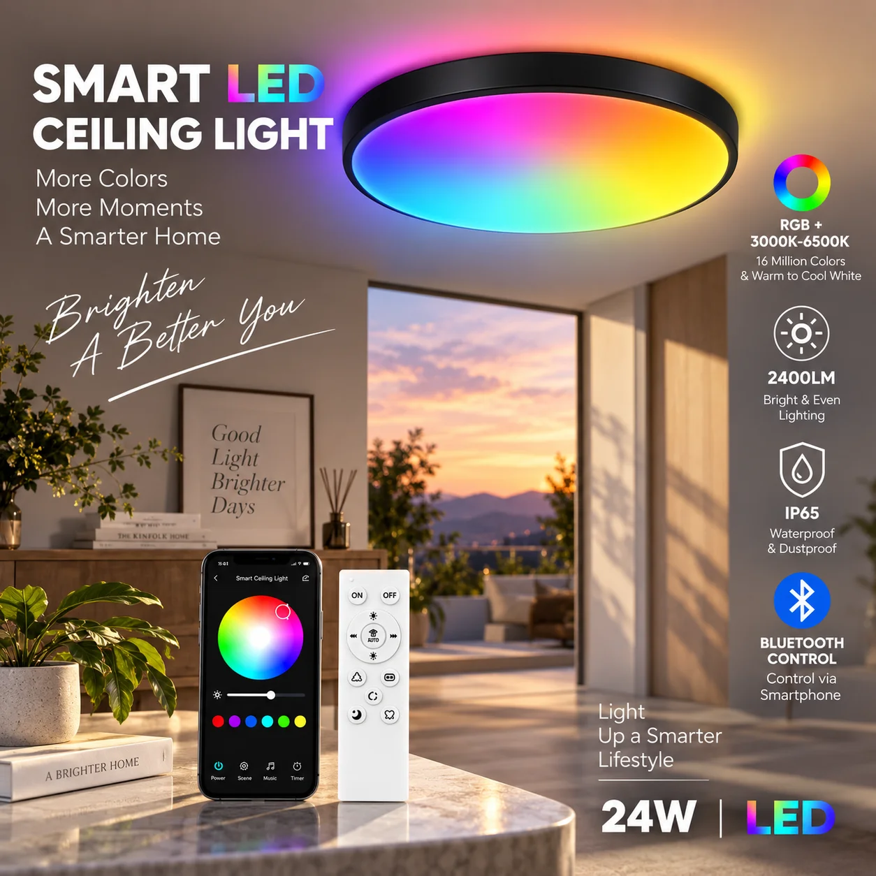 Lampada da soffitto a LED RGB con pannello di controllo remoto per la regolazione dell'intensità luminosa, ideale per illuminare interni come soggiorno, bagno e cucina. Lampada da soffitto