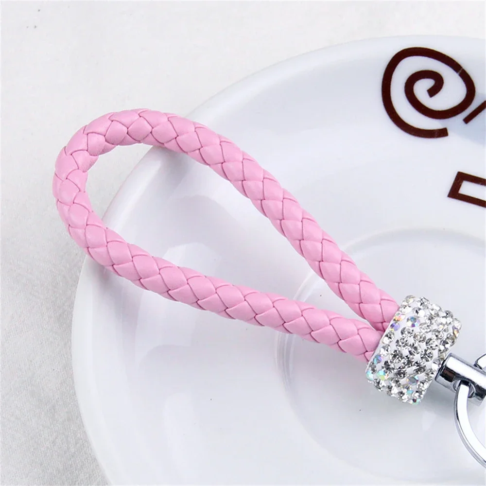 Handmade PU Leather Rope Keychains Sparkling Crystal Key Chains For Women Men Girl Key Holder Car Bag Accessories Gift Keyring