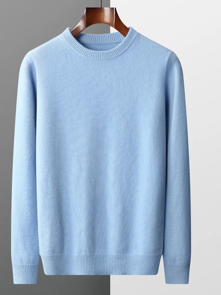 ขนสัตว์ Merino 100% ผู้ชายรอบคอหนาฤดูใบไม้ร่วงฤดูหนาว Casual แฟชั่นสีทึบถักเสื้อกันหนาว