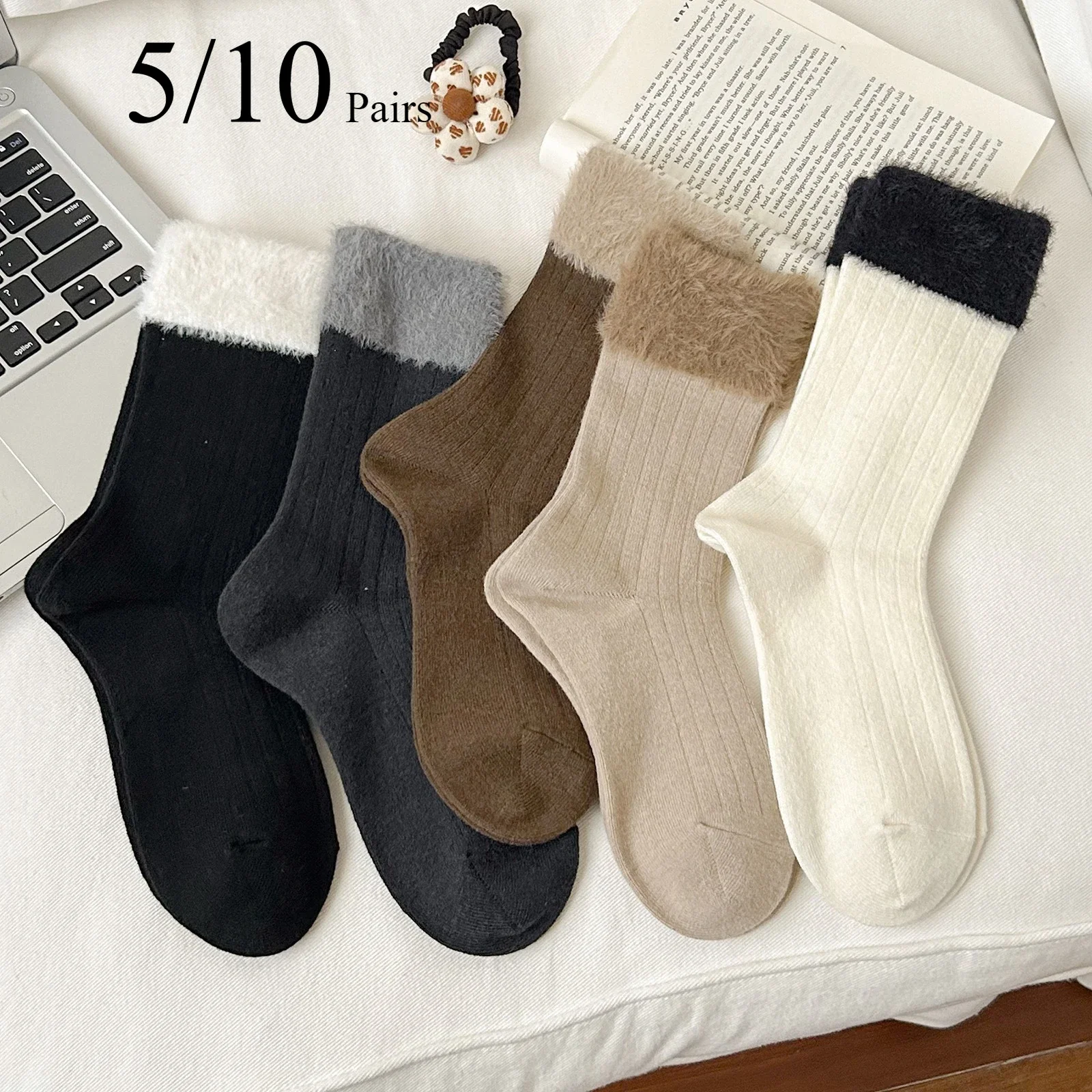 5/10 Pairs Women's Autumn Winter Wool Socks Fashionable Color Blocking Plush Sock Mouth Thickened Warm Retro Stacking lady Socks