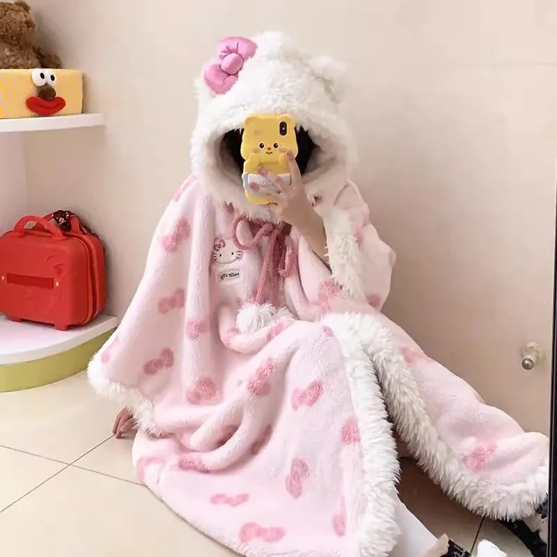 Kawaii Winter Women Fleece Bath Robe Fluffy Hood Furry Trim Pom‑pom Detail Warm Oversized Long Cloak Pajamas Home Wear