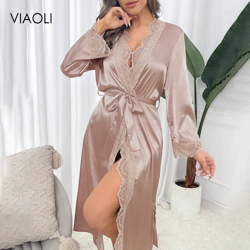 Womens Nightdress Sexy Long Satin Finish Nightwear Bath Robe Gown Imitation Ice Silk Nightdress Solid Color Nightgown Bathrobe