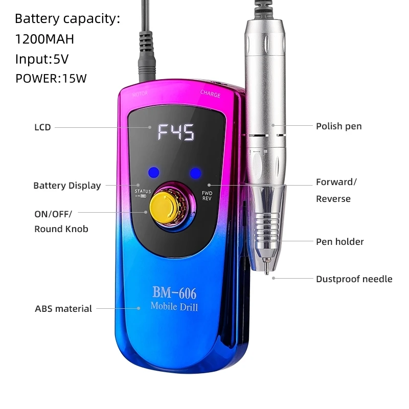 Elektrische Nagelbohrmaschine mit 45000 U/min, geräuscharme, wiederaufladbare Nagelgel-Poliermaschine, geeignet für Nagelkunst-Salonwerkzeuge
