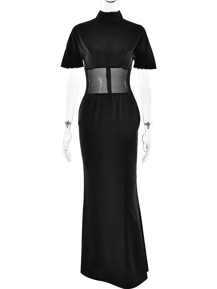 Chaxiaoa dolcevita manica corta maxi abito sexy abito da donna elegante patchwork maglia trasparente backless aderente club party abito lungo