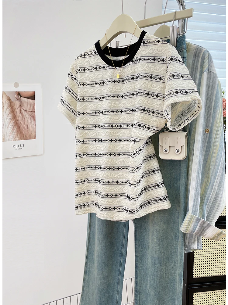 Summer Thin Hollow out Tassel Short Sleeve Women's Casual Loose Fit Classic Pattern Cotton Blend T-Shirt round Neck Top