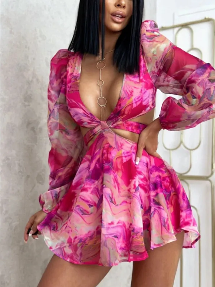 

BKLD Casual Women Clothing 2025 Autumn New Lantern Sleeve Fashion Printed High Waist Hollow Out Sexy Rompers One Pieces Outfits