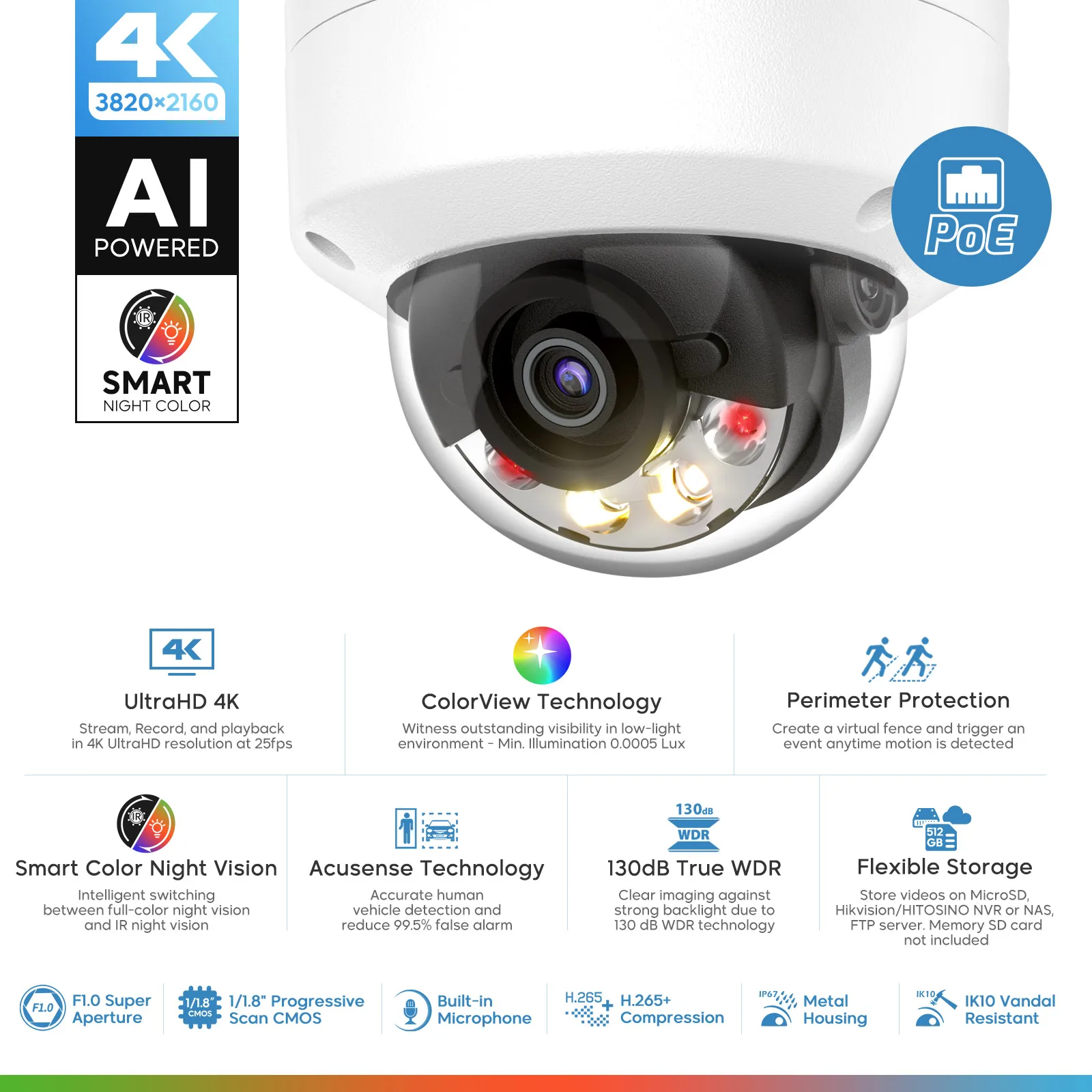 8MP 4K Vandal Proof Mini Dome IP Camera Dual MIC 98ft Colorvu Night Vision Human/Vehicle Detection AI Light APP Outdoor