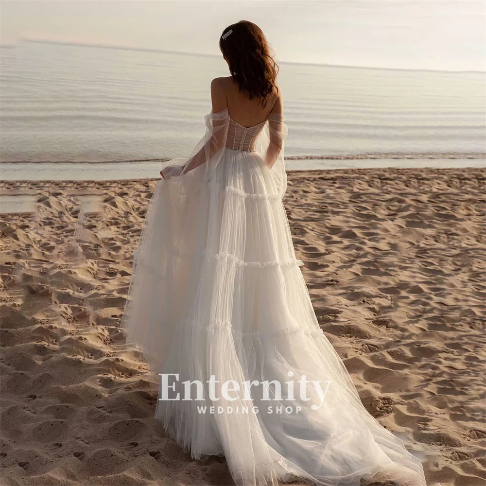 Customized A Line Bride Dresses Off-Shoulder Tulle Pleats bohemian Wedding Dress Wedding Dresses for Woman Vestidos Dresses