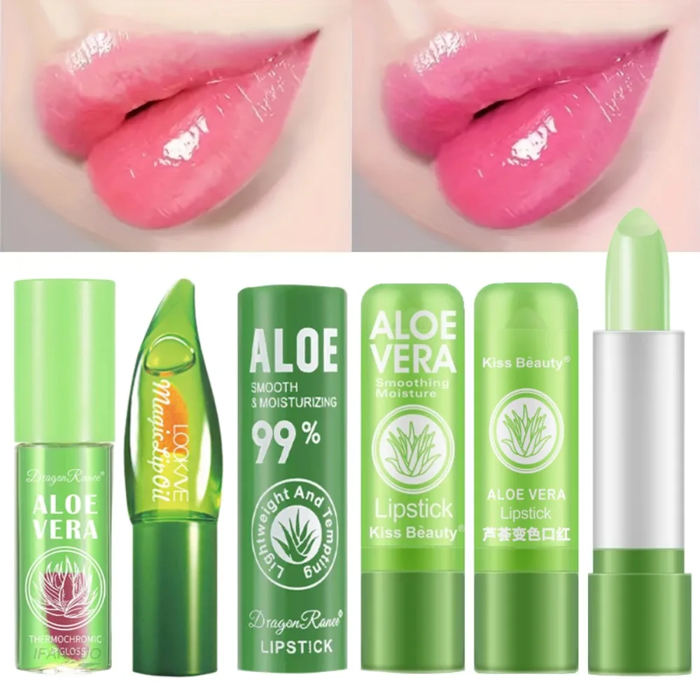 Lápiz labial que cambia de Color de Aloe Vera, bálsamo labial hidratante de larga duración activado por temperatura, juego nutritivo para el cuidado de los labios resistente a la decoloración