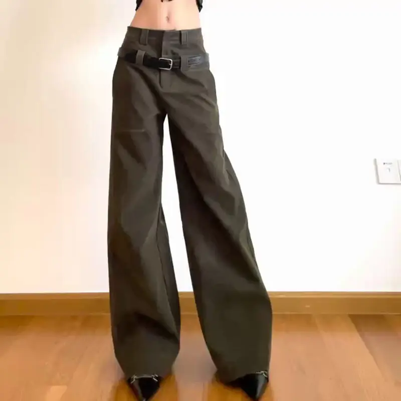 Wide Leg Pants PU Leather With High Waist Retro Green Low Rise Straight Woman Y2K Streetwear Trousers Pockets Casual Pants