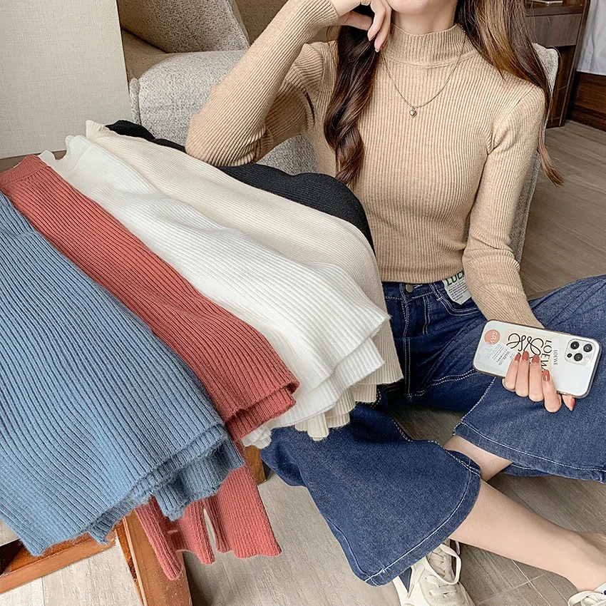 HELIAR Basic Solid Sweater Women Mock Neck Knitted Sweater Casual Slim Pullover Tops Autumn Winter Korean Sweaters Simple Jumper