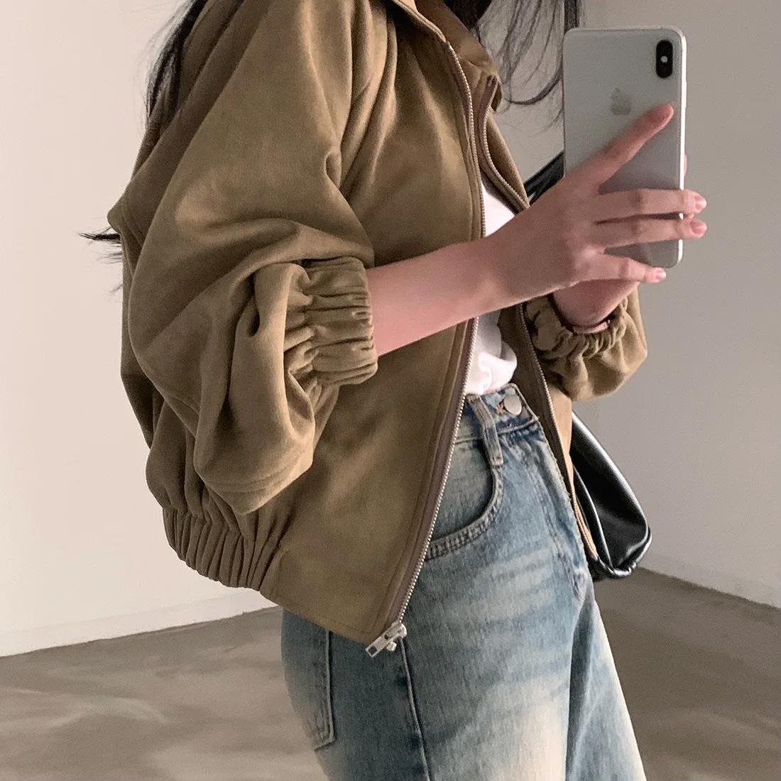 Women Pocket Retro Lapel Zippered Top Chic Autumn Vintage Fleece Jacket Loose Fit Versatile Long Sleeve Cropped Jacket 2025