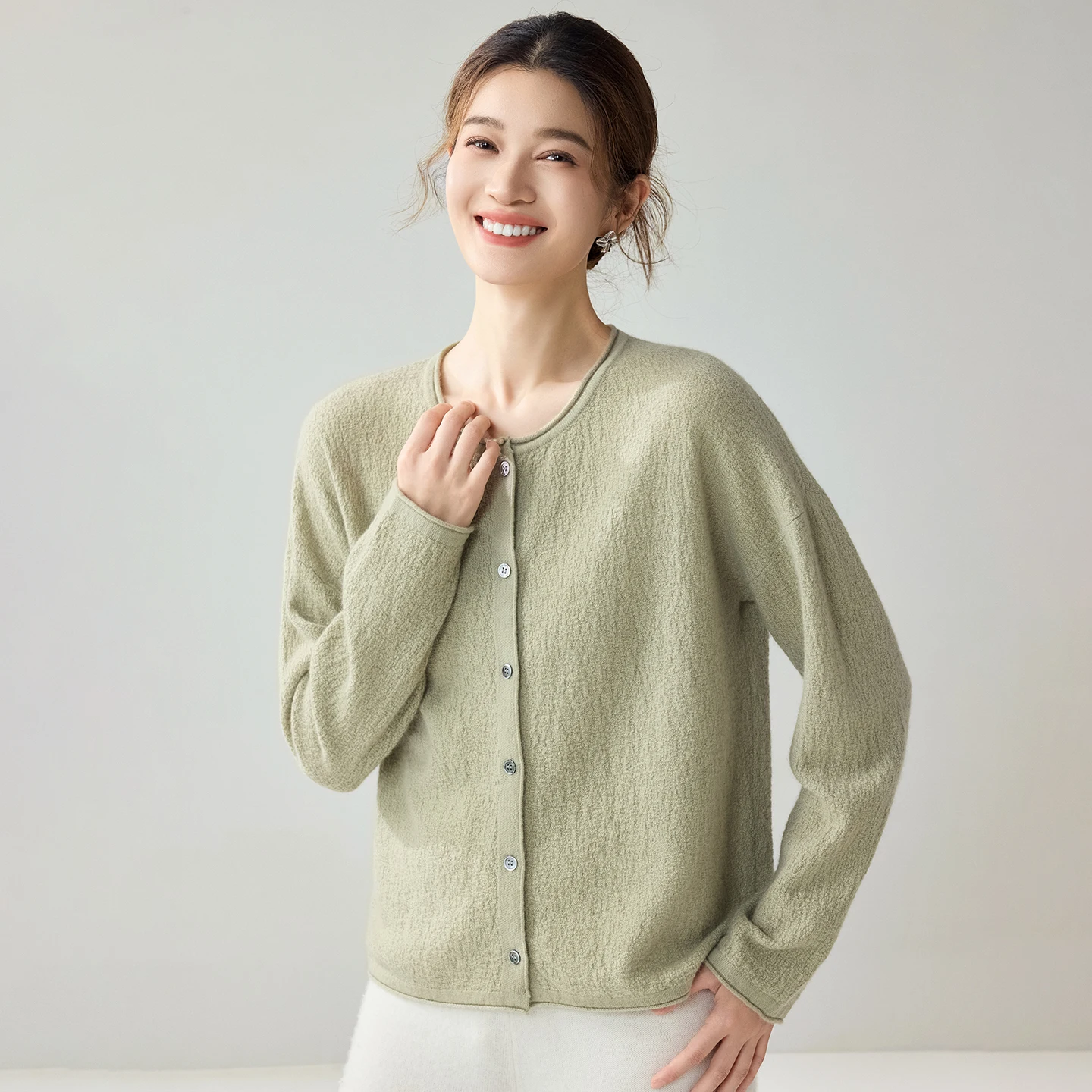 Women Slub Knit Cardigan 100% Cashmere Sweater Stylish Round Neck Design Autumn Winter Knitwear Soft Long Sleeve Lady Tops