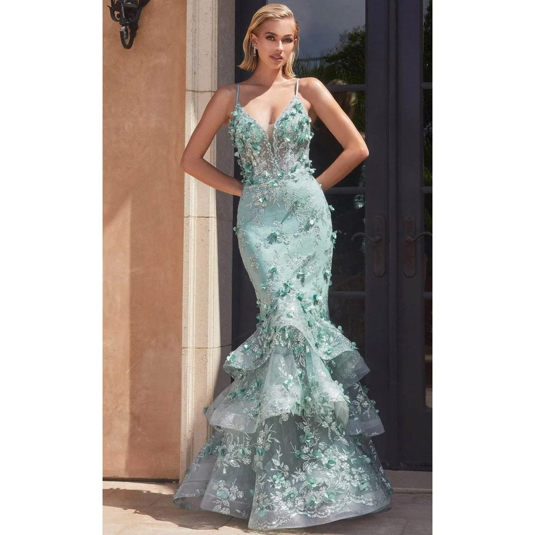 Luxury 3D Floral Mermaid Wedding Dresses Spaghetti Straps V-neck Tiered Ruffles Evening Dress Appliques Sequins Bridal Gowns