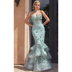 Luxury 3D Floral Mermaid Wedding Dresses Spaghetti Straps V-neck Tiered Ruffles Evening Dress Appliques Sequins Bridal Gowns