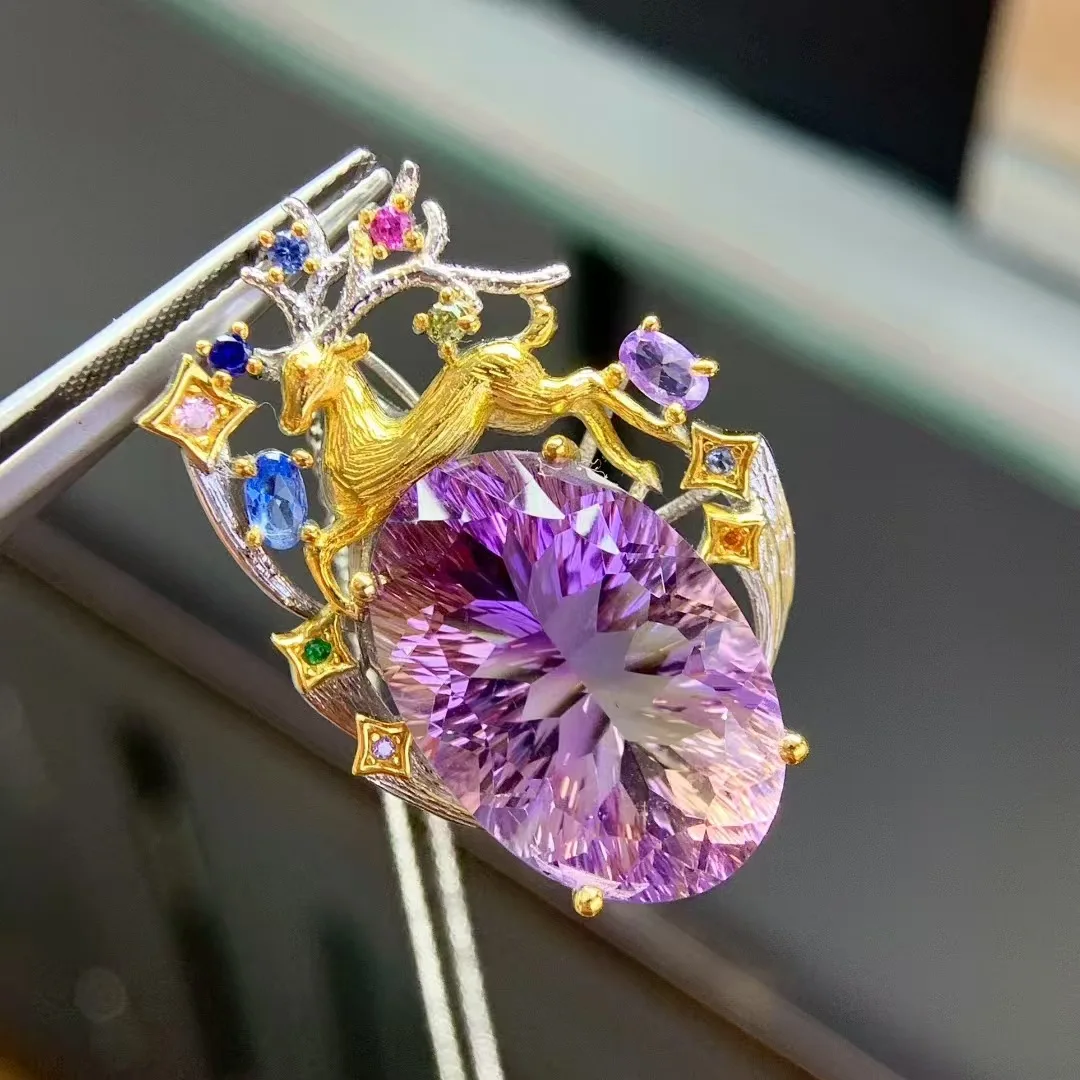 Natural Ametrine Deer Pendant 925 Silver Two-tone Plated Handcrafted Fantasy Fairy Tale Style Gemstone Necklace for Women