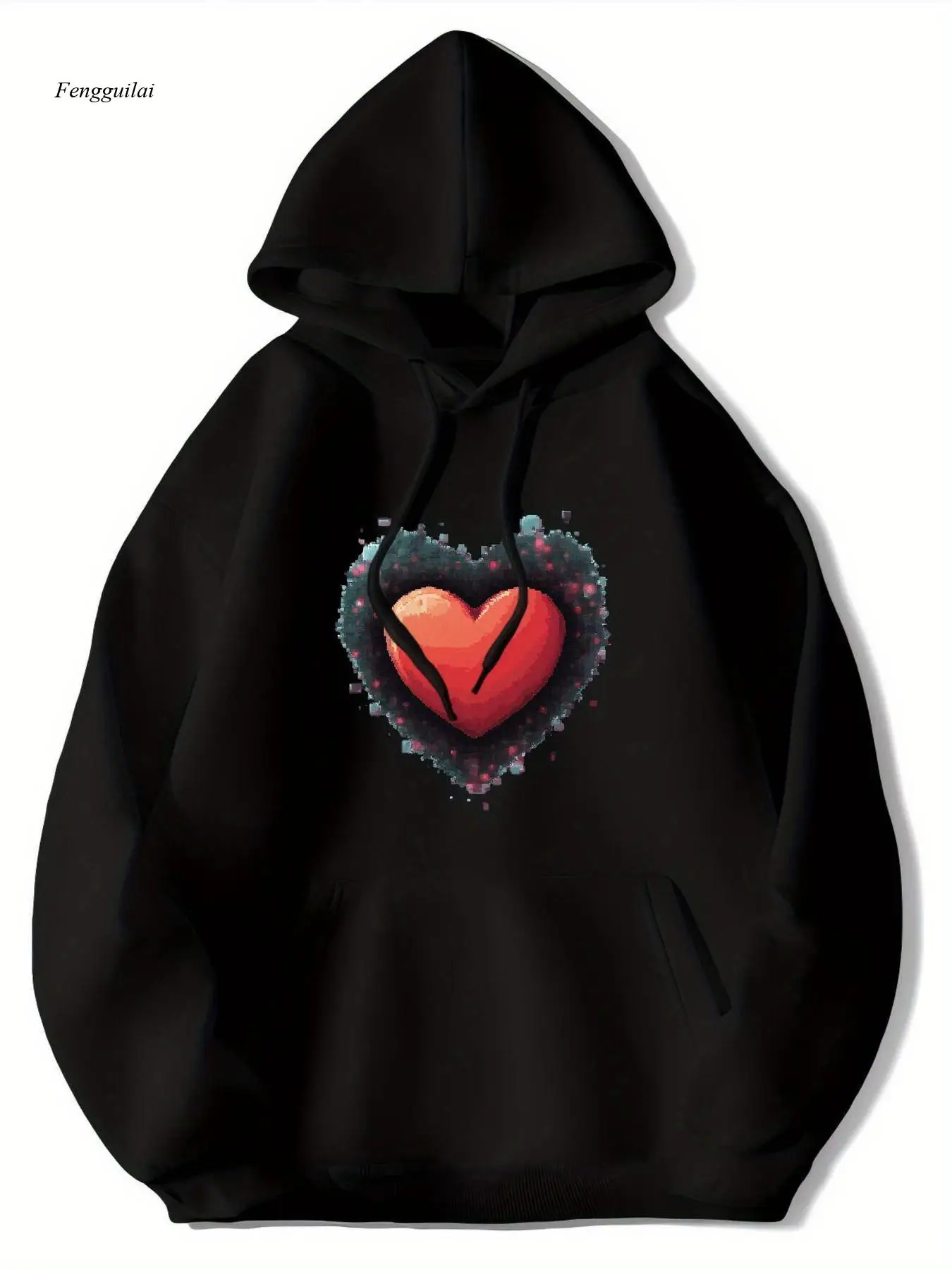 赤いピクセルハートが付いた黒のパーカー - レトロゲームグラフィックプルオーバースウェットシャツ、オールシーズン対応のテックウェアパーカー