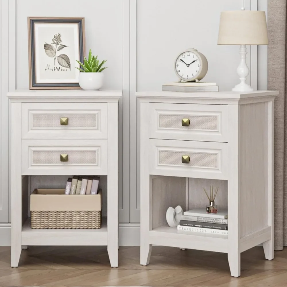 Rattan Nightstand Set of 2 for Bedroom, Boho Bedside Table with 2 Drawers, Accent End Table with Open Storage Shelf