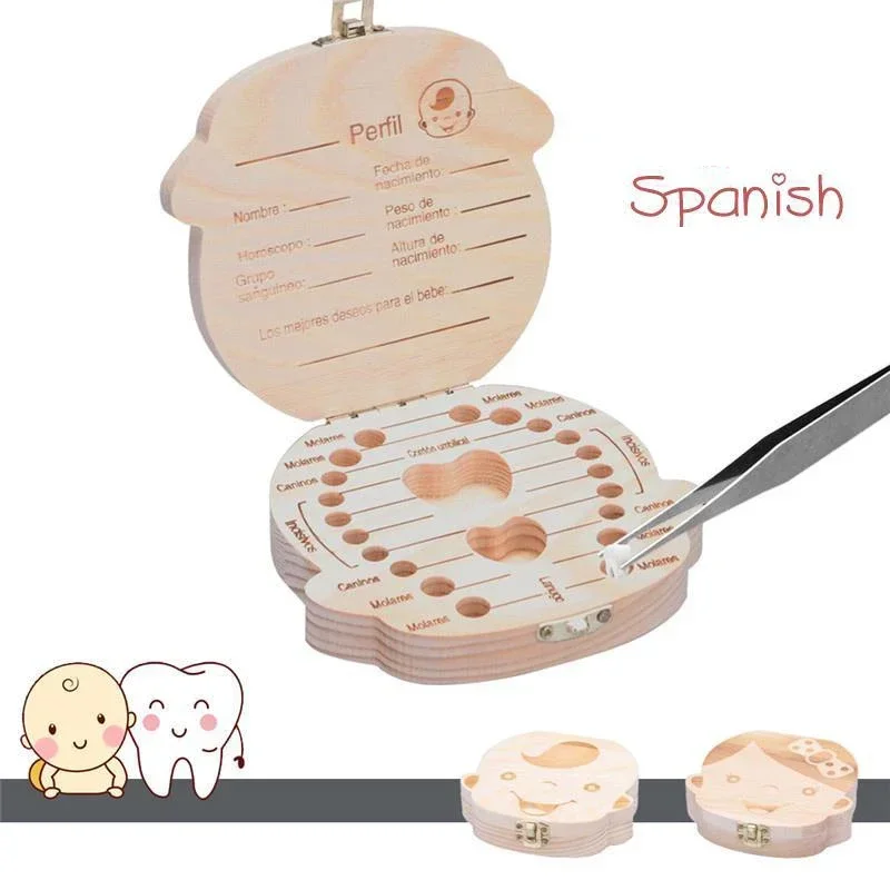 1pc-Baby Tooth Box Spanish Wooden Children Periodontal Organizer Locker Boy Girl Baby Souvenir Gift