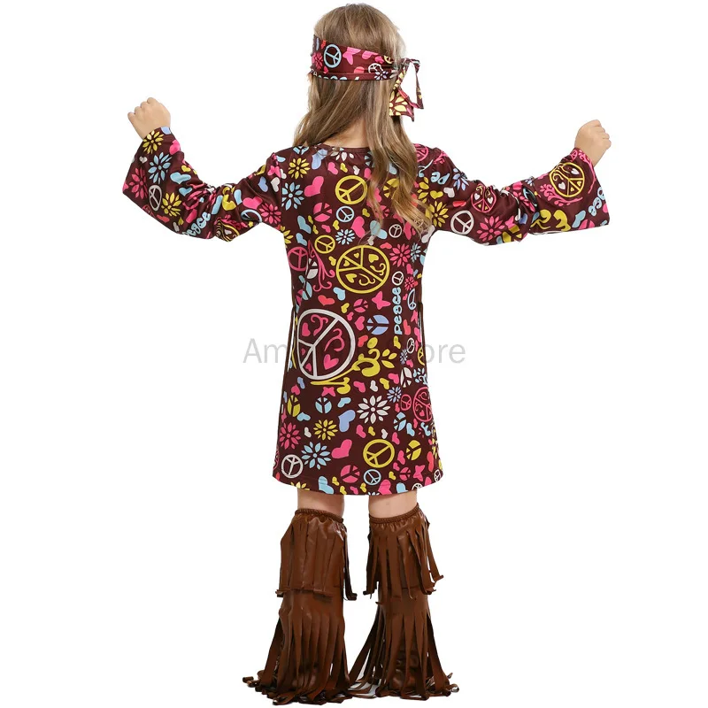 Kinder Hippie Kostüm Set 60er 70er Jahre Hippie Kleid für Mädchen Party Accessoires für Karneval Halloween Cosplay Dress Up Outfits