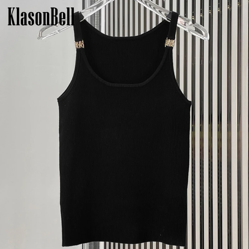

5.20 KlasonBell 2024 Summer New Metal Letter U-Neck Spaghetti Strap Black Knitted Short Tank Top Women