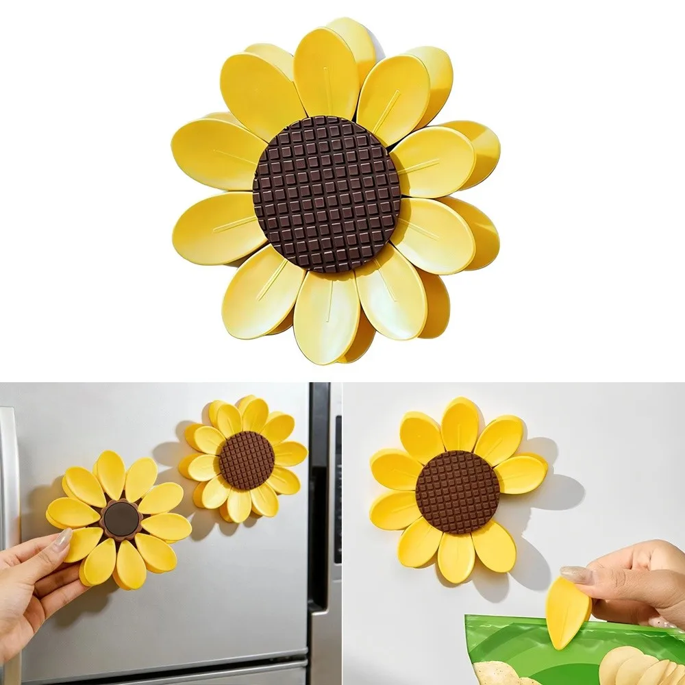 New 2 in 1 Magnetic Fridge Magnets Sunflower Multifunctional Petal Clip Chip Clips for Snacks Kitchen Accessories