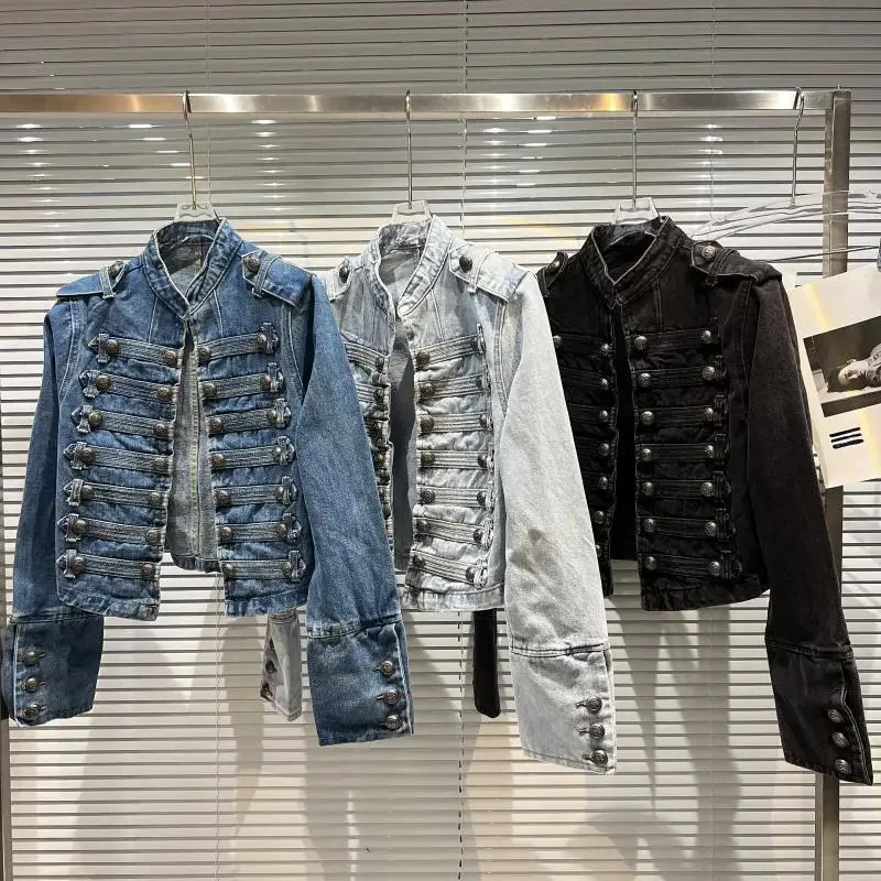 

Women's short industrial locomotive jacket, new style for spring and autumn, slim-fitting stand-collar denim top