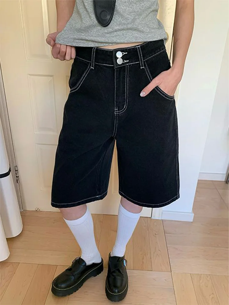 

plus Size American Retro Black Denim Shorts Women's Summer Loose Straight Leg Wide Leg Pants Five-Quarter Length Jeans