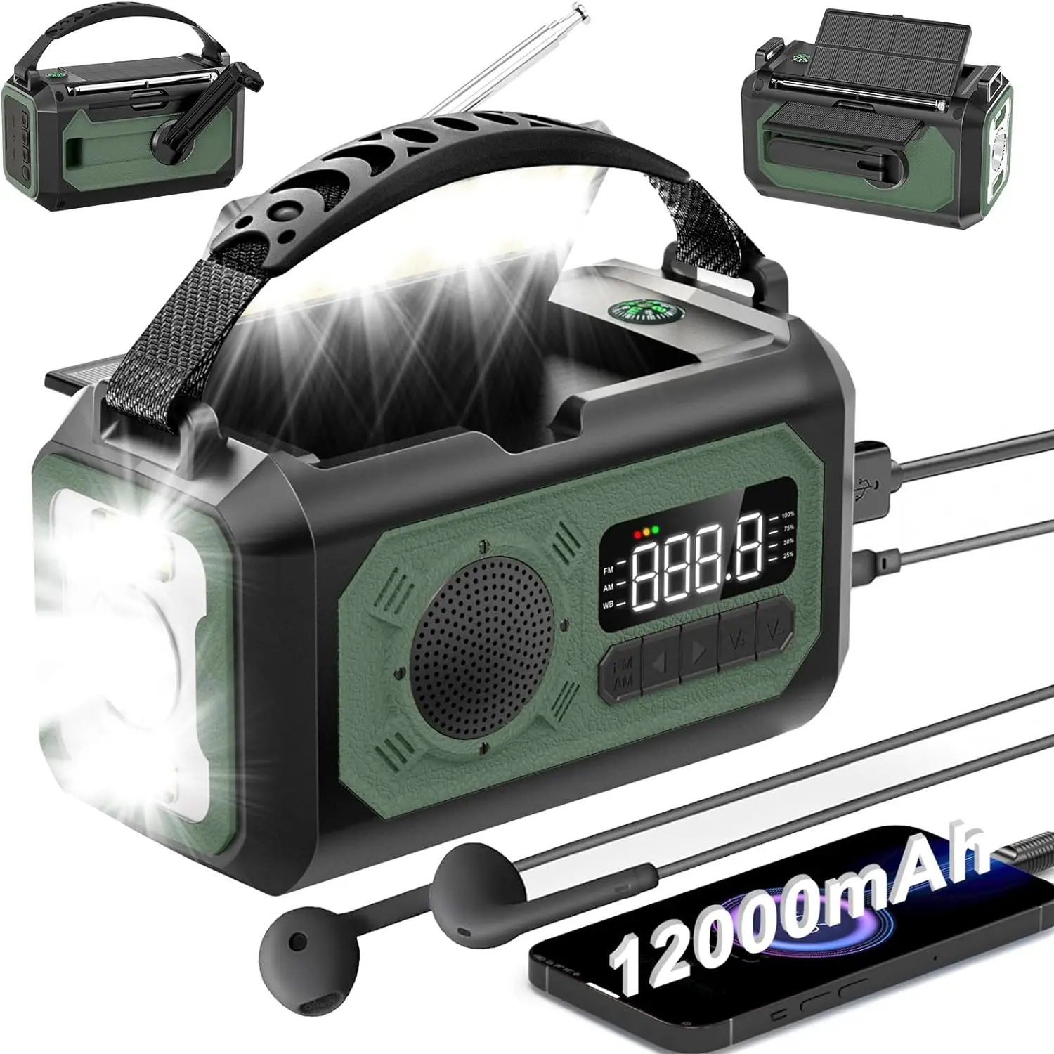 

12000mAh Emergency Hand Crank Radio Portable Weather Alert Radio AM/FM/NOAA Solar Radio with Flashlight for Outdoor Emergency