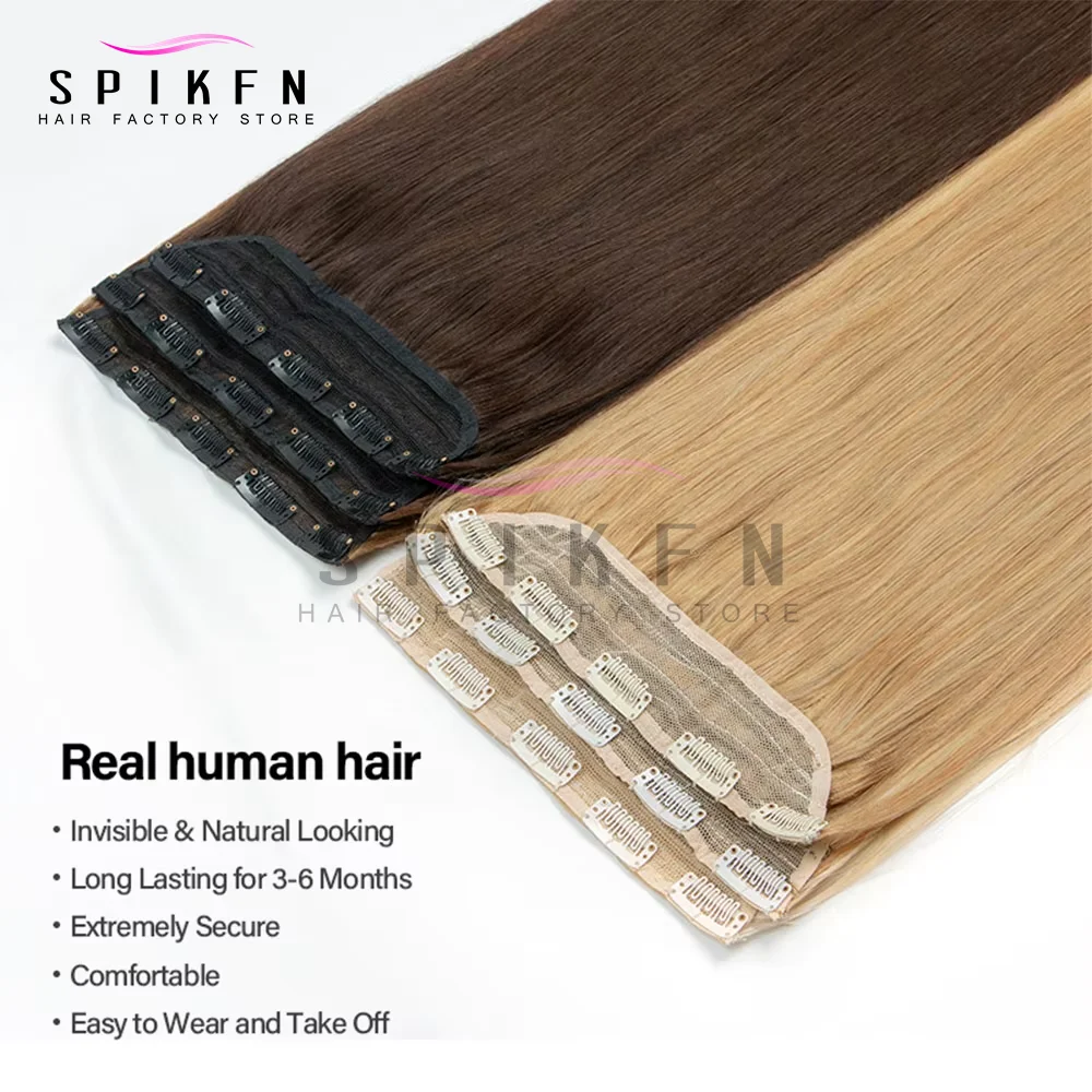 클립형 원피스 인모 연장 40-50G 블론드 브라운 웨프트 클립 천연 실크 스트레이트 헤어피스 여성용 12''-22''