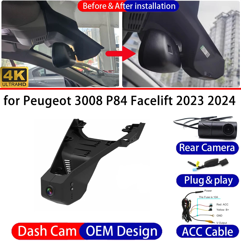 Dash Cam for Peugeot 3008 P84 Facelift 2023 2024 Front＆Rear 4K UHD DVR Dashboard Camera Video Recorder Night Vision 24H Parking