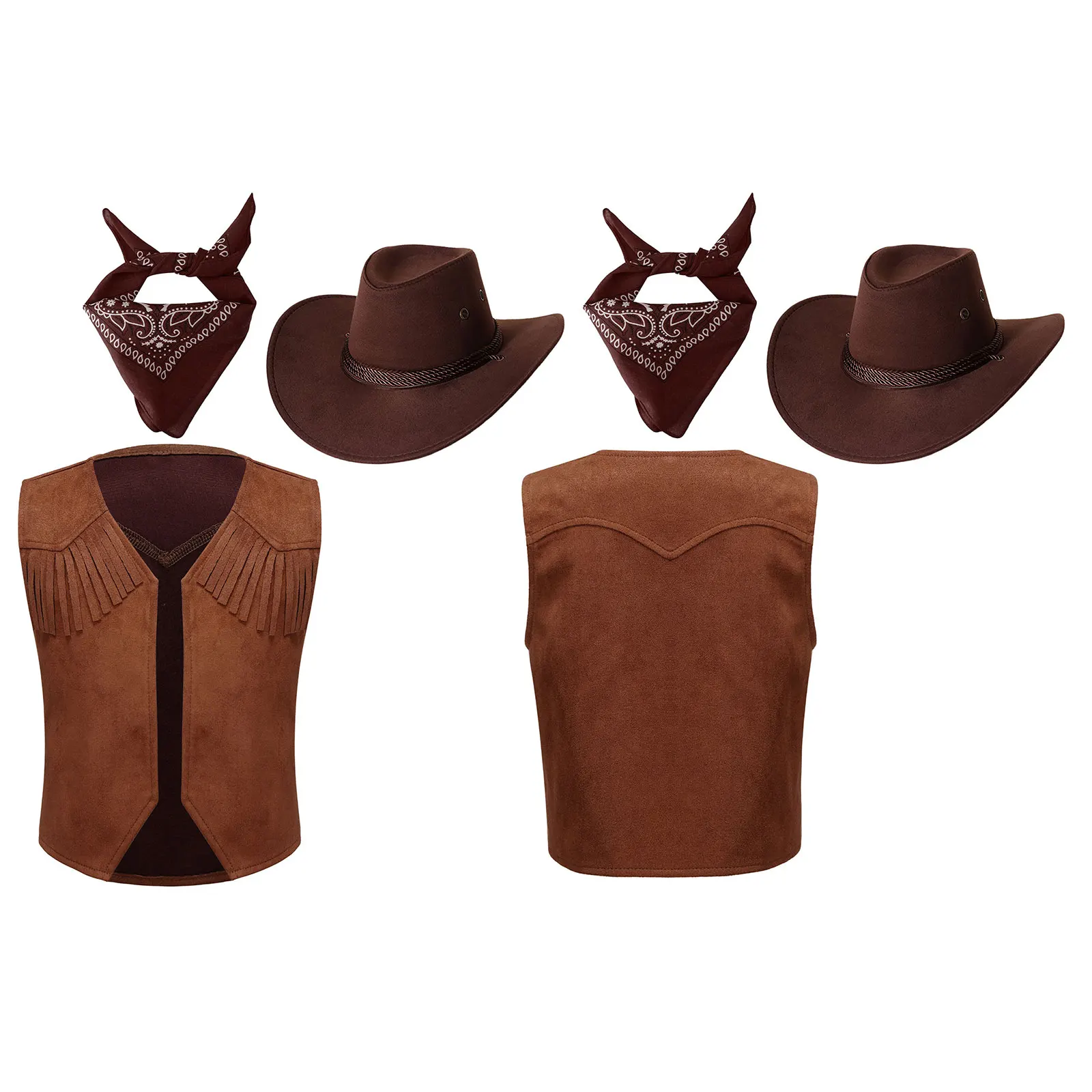 Disfraz de vaquero de 3 piezas para niños, conjunto de chaleco con flecos marrones, bandana de Cachemira y sombrero de vaquero para Halloween, fiesta de Carnaval