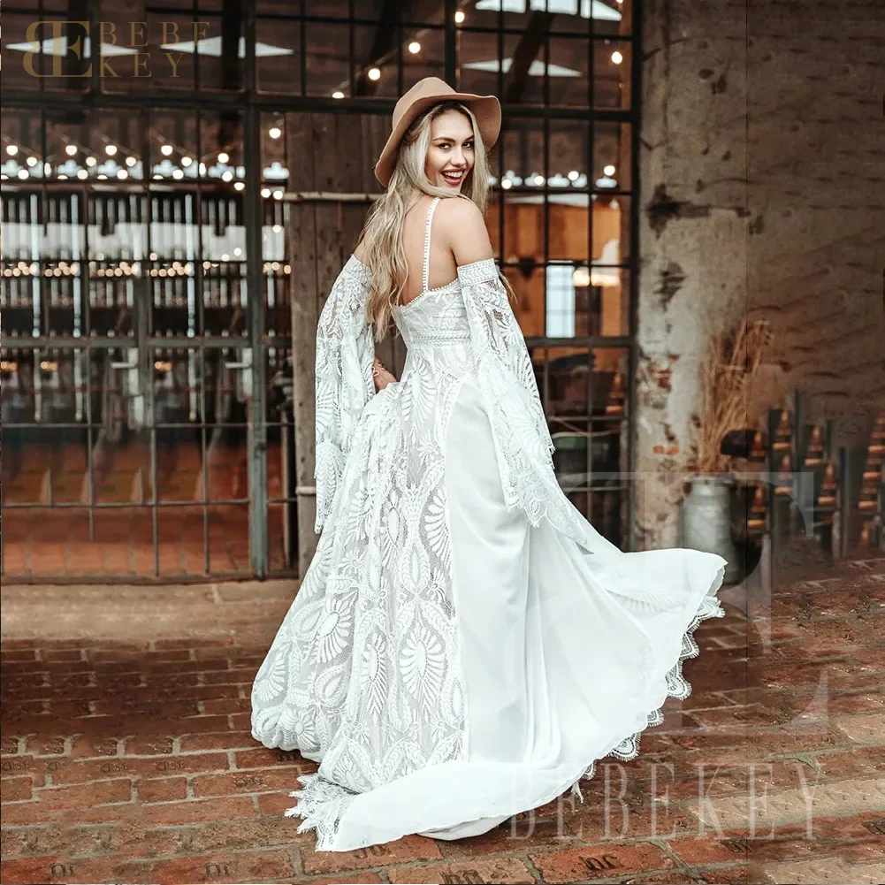 BEBEKEY ที่กําหนดเอง Boho ชุดแต่งงานลูกไม้ที่ถอดออกได้แขนด้านข้างแยกงานแต่งงานอย่างเป็นทางการชุด A-Line ชุดเจ้าสาว Robe