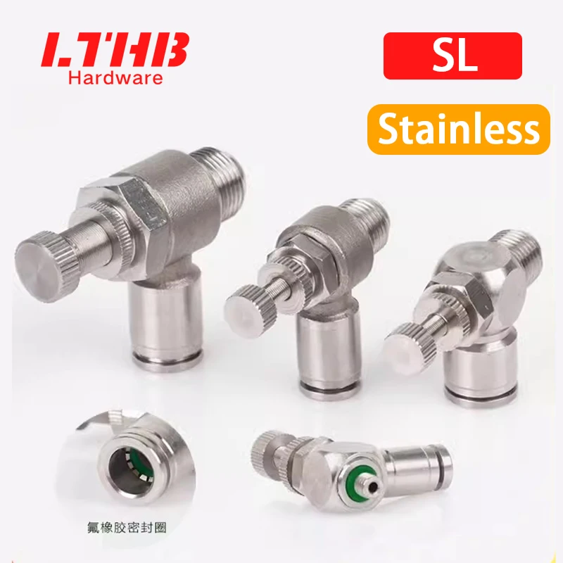 Pneumatic Throttle Valve SL Air Valve 304 Stainless Steel 1/8 1/4 1/2 Thread Flow Controller Speed Control 6 8 10mm Hose Fitting