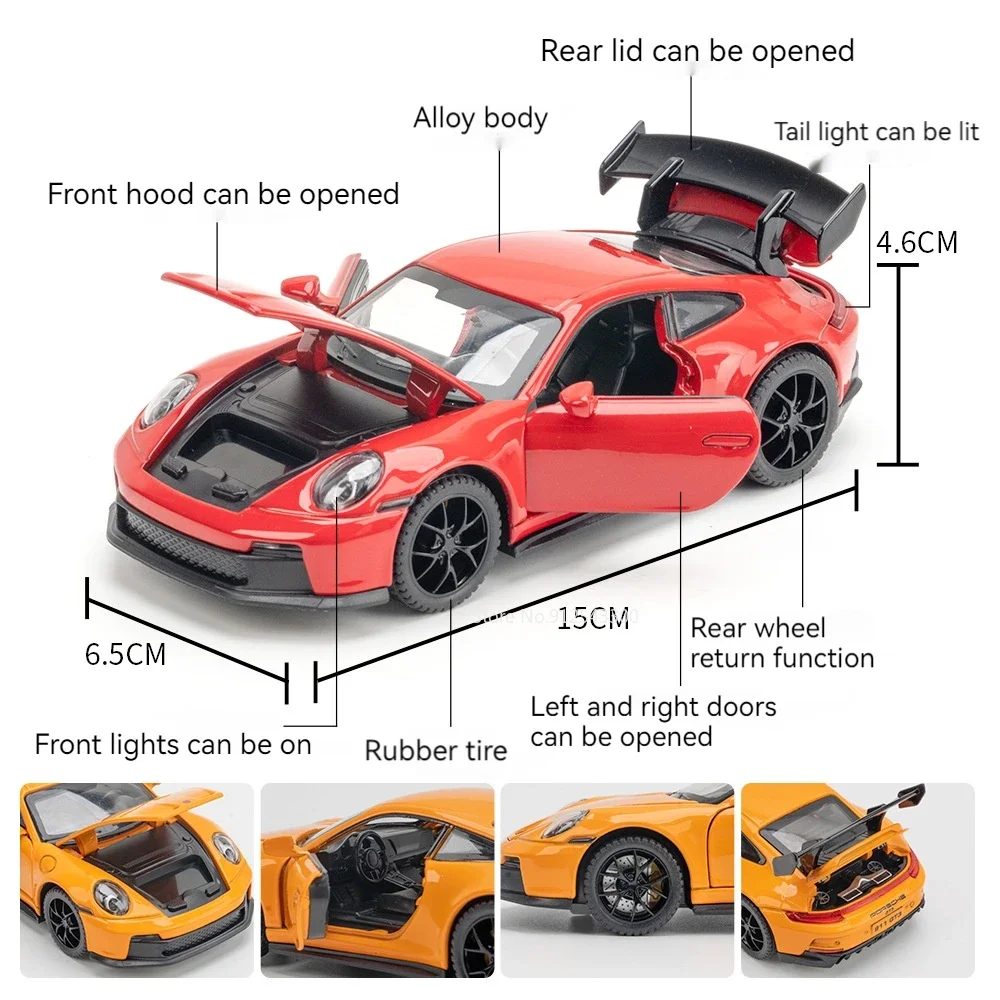 1:32 Porsche 911 GT3 Alloy Car Model Toy Metal Body Rubber Tires Supercar Models Pull Back Sound Light Kids Collectibles Gifts