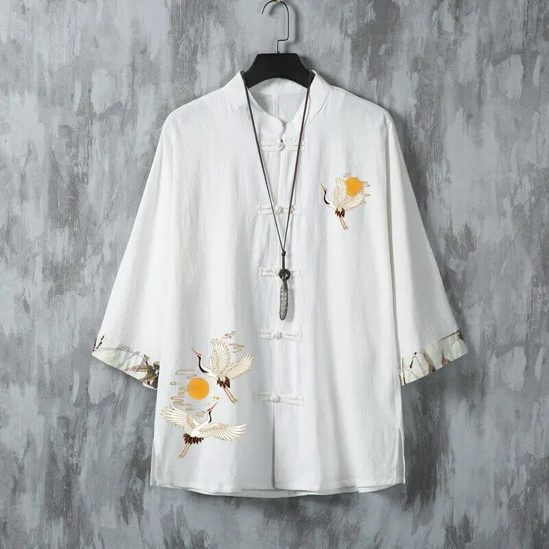 Men's Summer Sun & Crane Embroidered Short Sleeve Mandarin Collar Shirt Lightweight Linen Casual Top with Frog Buttons for Man