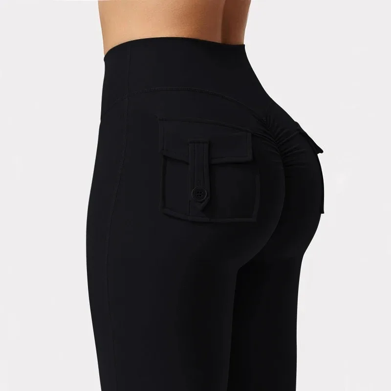 Pantalones de yoga de moda europea y americana, monos con bolsillo, pantalones deportivos para correr de cintura alta, diseño de alta elasticidad, sensación de polainas